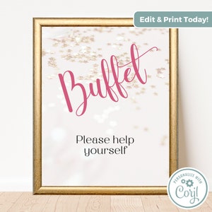 Peut inclure: Une affiche imprimable avec une police cursive rose qui dit "Buffet" et le texte "Veuillez vous servir" sur un fond blanc avec un effet de paillettes dorées.