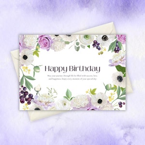 Cartão de aniversário para impressão com flores, cartão de aniversário floral, cartão de felicitações para impressão, impressão em casa