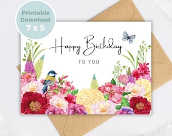 Tarjeta de cumpleaños imprimible con flores, tarjeta de feliz cumpleaños imprimible, floral, descarga digital BC0013