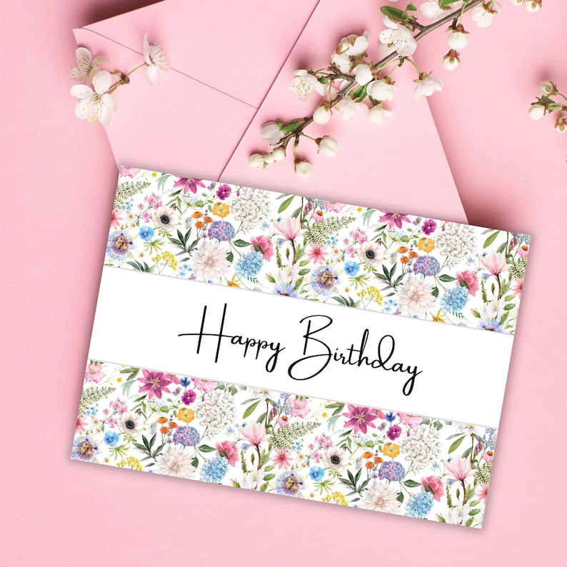 Printable Birthday Card for Her, Birthday Card Flowers, Printable ...