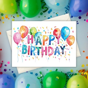 Cartão de aniversário com balão de aquarela vibrante, cartão de aniversário para impressão, design de balão colorido, download instantâneo