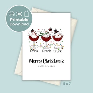 Afdrukbare grappige kerstkaart met dronken sneeuwmannen in wijnglas - humoristische vakantiegroet, doe-het-zelfkerstkaart pdf-download