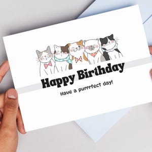 印刷可能な猫の誕生日カード、猫好きの方への素敵な誕生日グリーティングカード、デジタルダウンロード