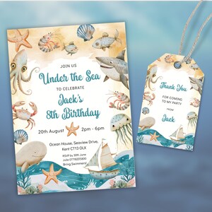 Boys Under the Sea Birthday Invitation, Beach Birthday Party Thank You Tag, Swimming Party Editable Set, IN0012