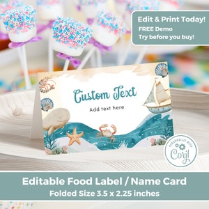 Editable bajo la etiqueta de buffet de comida de mar Tarjeta de tienda Tarjetas de lugar de comida Tarjeta de mesa Plantilla imprimible, Fiesta en la playa Descarga instantánea IN0012