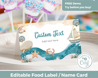 Editable Under the Sea Food Buffet Label Tent Card Food Place Cards Table Card Printable Template, Beach Party Instant download IN0012