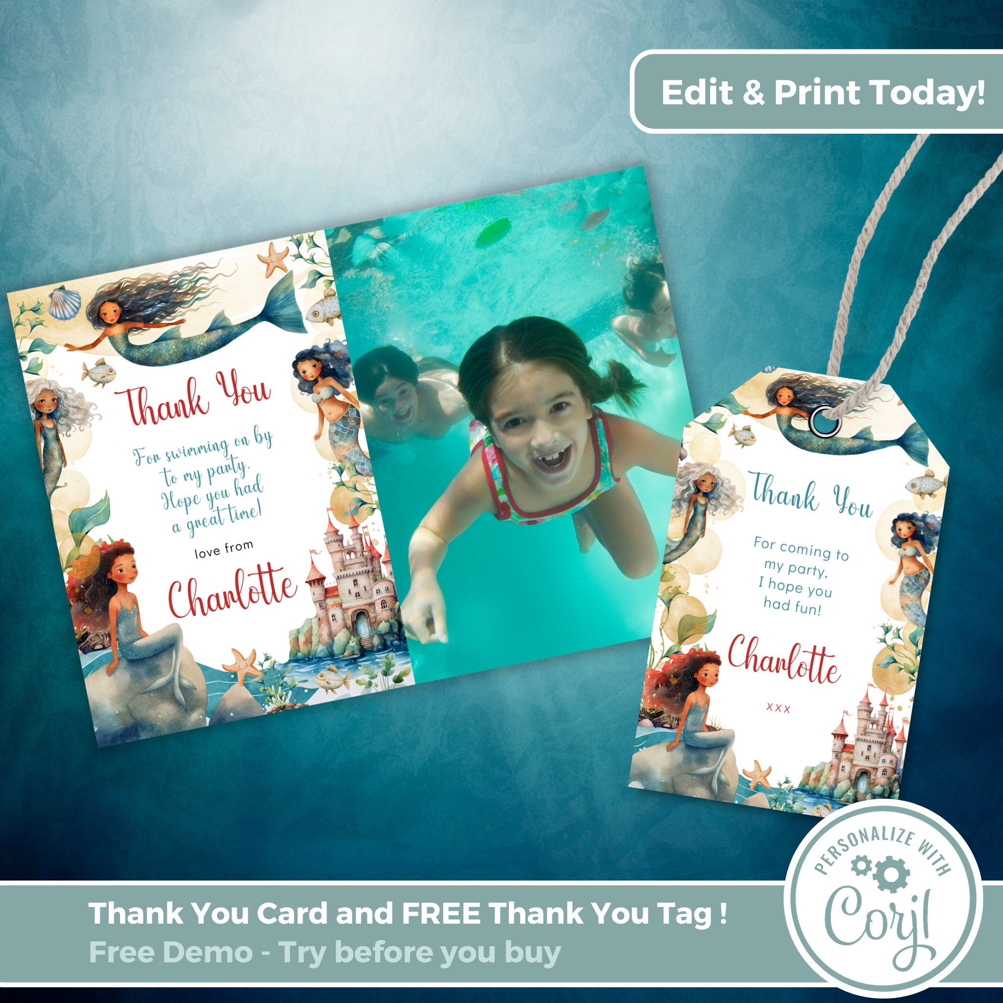 Editable Mermaid Thank You Card, Swimming Party Thank You Tag, Editable ...