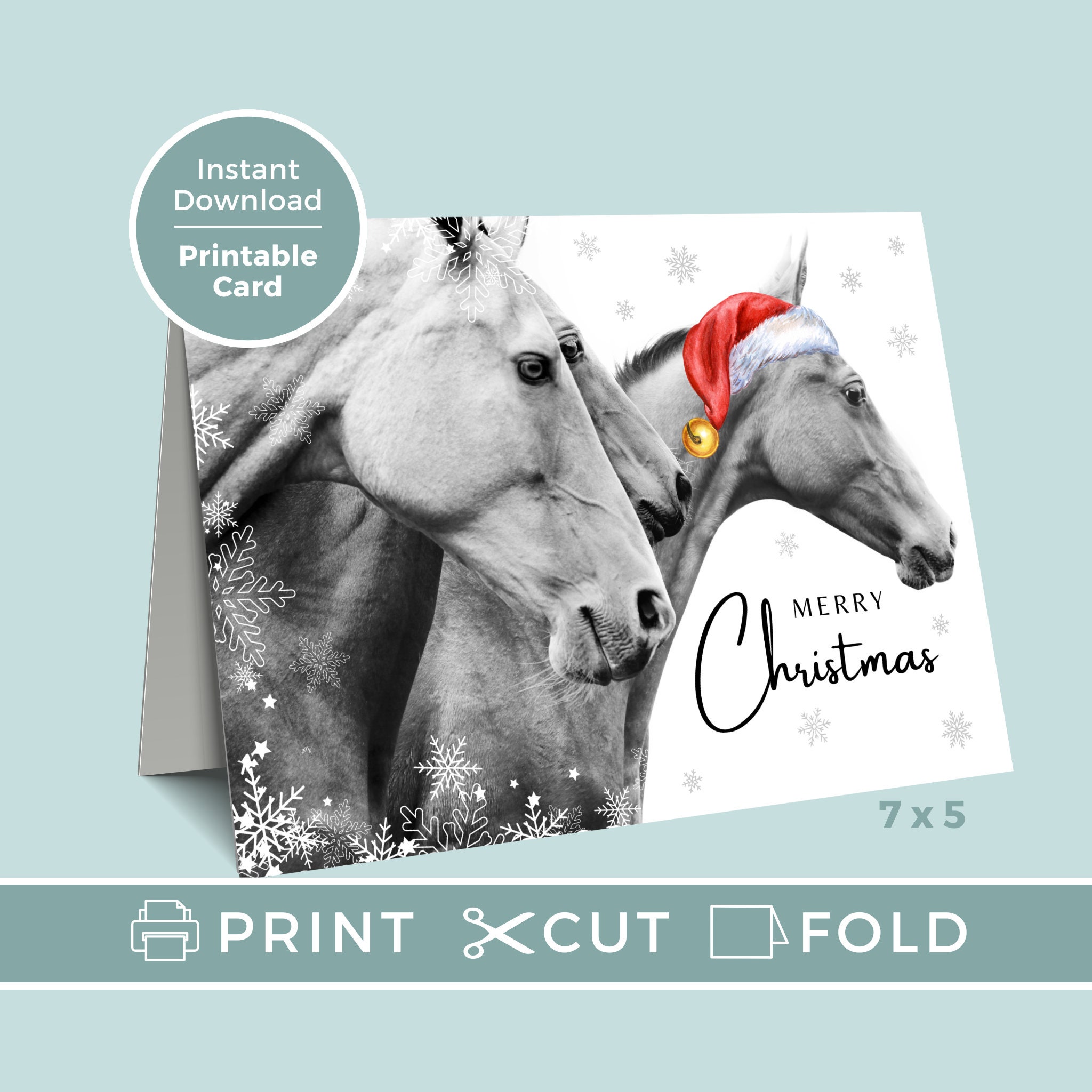 buy printable merry christmas card with horses in santa hat
