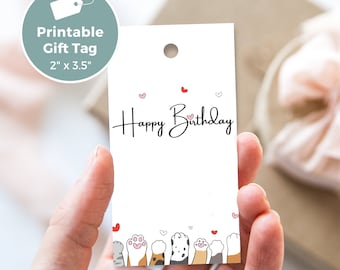 Etiqueta de regalo de cumpleaños imprimible Diseño lindo de pata de gato, Imprimir en casa, Descarga instantánea BC0015