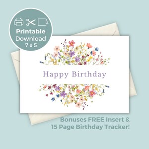 Cartão de aniversário para impressão com flores, cartão de aniversário floral, cartão de felicitações para impressão, impressão em casa, BC0042
