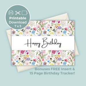 Cartão de aniversário para impressão com design de flores, cartão de felicitações para impressão, download digital BC0034