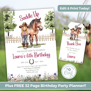 Editable Horse Birthday Invitation Template, Girl Saddle Up Invite, Cowgirl Party Horse Invite, Pony Party Invitation IN0011
