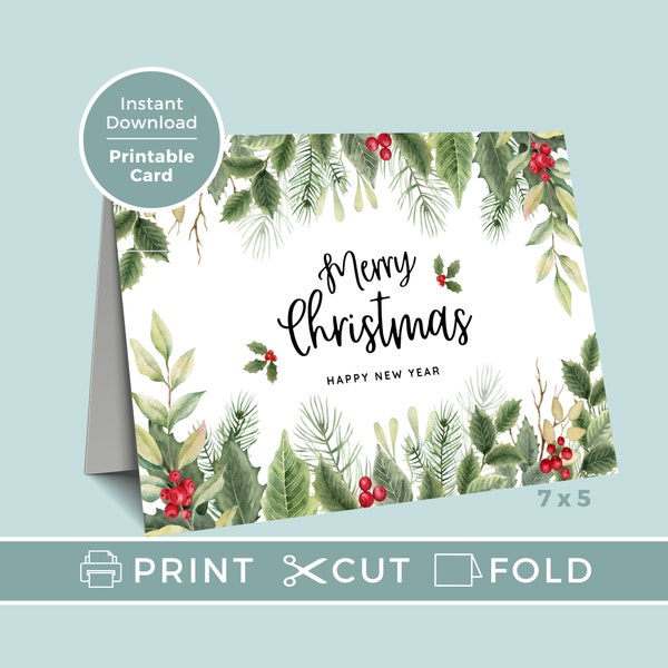 Christmas Card Printable with Festive Flowers, Seasons Greetings Card, Print at Home, Christmas Cards