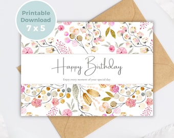 Printable Birthday Card with Flowers, Floral Birthday Card, Printable Greeting Card, Print at Home BC0037