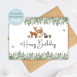 Printable Birthday Card with Woodland Animals, Woodland Scene Instant Download BC0006