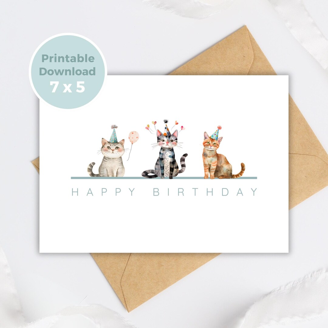 Cat Printable Birthday Card - Cute Kitty Greeting Digital Download ...