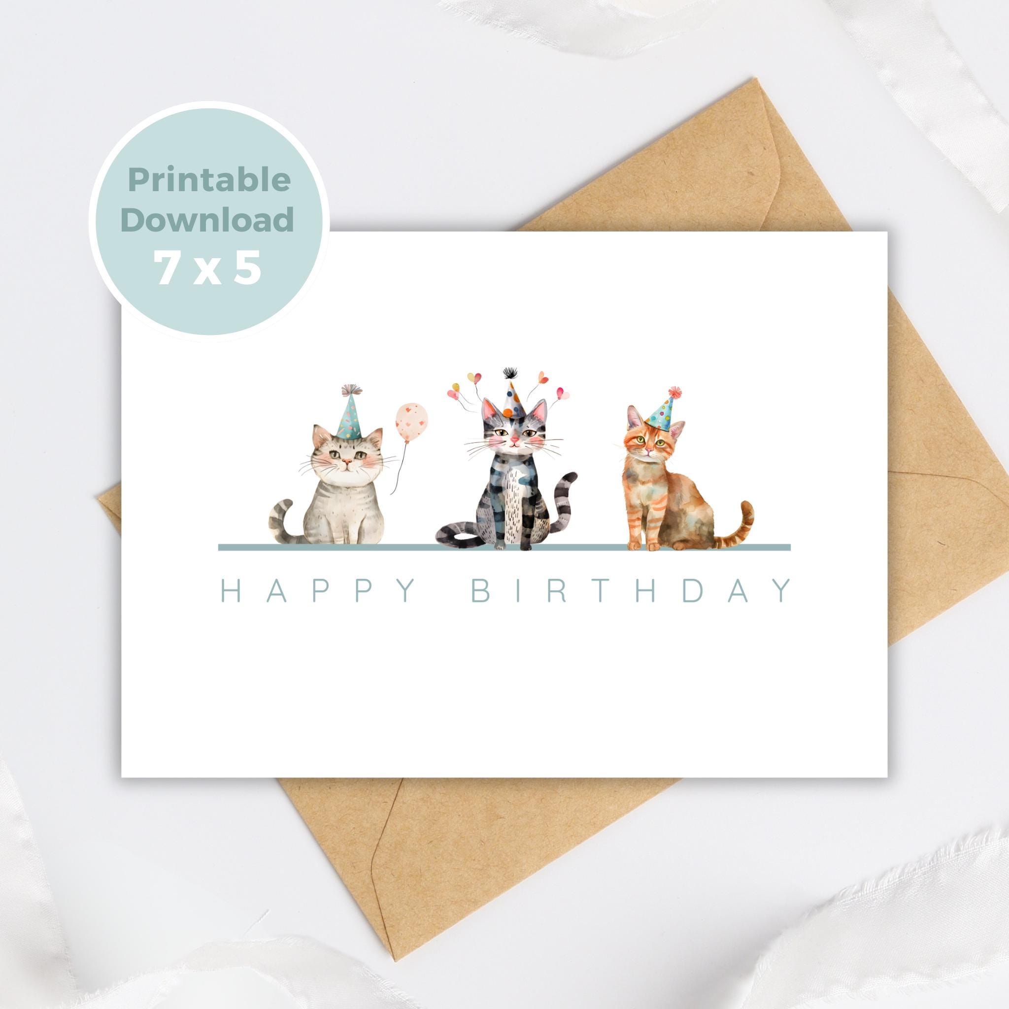 Cat Printable Birthday Card - Cute Kitty Greeting Digital Download ...