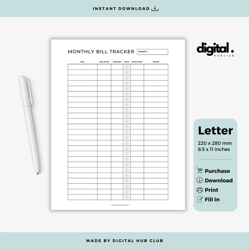 Monthly Bill Tracker Printable, Bill Payment Planner, Finance Organiser ...