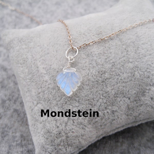 Moonstone Pendant Rainbow Moonstone June Birthstone Blue Shimmer Smooth Leaf Charm Rose Gold Filled Gold Filled