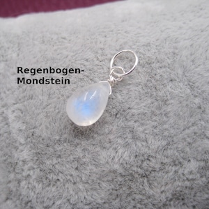 Kettenanhänger Regenbogen Mondstein, Geburtsstein Juni, Blauschimmer, glatt, Tropfen, Charm, Rosegold Filled, Gold Filled
