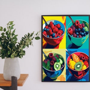 Obstsalat - Fruchtige Popart Kiwi, Himbeere, Heidelbeere, Orange | Pop-art | Bunte Wanddeko | Tableau mural | Poster uniquement - ohne Bilderrahmen