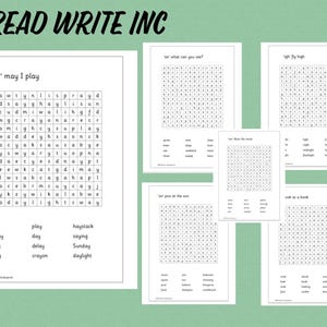Puede incluir: Un conjunto de seis rompecabezas de búsqueda de palabras en blanco y negro con el título 'Read Write Inc'. Los rompecabezas son para niños que están aprendiendo a leer y escribir. Las palabras en los rompecabezas son 'say', 'play', 'haystack', 'spray', 'day', 'saying', 'way', 'delay', 'Sunday', 'may', 'crayon' y 'daylight'.