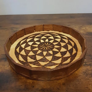 Round Wooden Tray- Pyrography Geometric Pattern