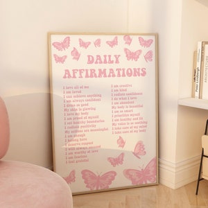 Arte de pared con afirmaciones diarias, decoración de habitación de niña rosa, impresión de afirmaciones "I Am" rosa, póster con cita rosa, póster de afirmación positiva rosa