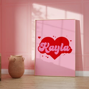 Nom personnalisé imprimé rose et rouge Nom personnalisé imprimé rouge et rose Art mural rétro Décoration de chambre rose et rouge en téléchargement numérique
