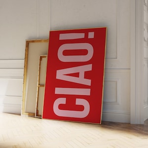 Può includere: Una stampa su tela rossa con la parola "CIAO!" in lettere rosa. La stampa è appoggiata a un muro bianco e un pavimento in legno.