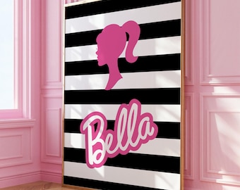 Nom personnalisé barbu imprimé rayures noires et blanches affiche barbue personnalisée décoration de chambre à coucher fille rose thème barbillon décoration d'anniversaire téléchargement numérique
