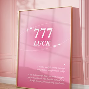 Arte de pared con el número angelical rosa 777, póster de aura rosa 777, impresión rosa del número angelical 777, póster rosa 777