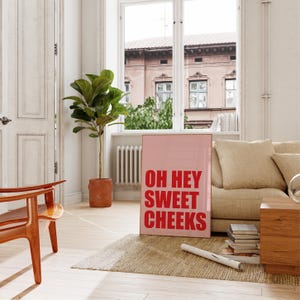 May include: A pink poster with the text "OH HEY SWEET CHEEKS" in red letters. The poster is hanging on a wall in a living room with a couch and a plant.