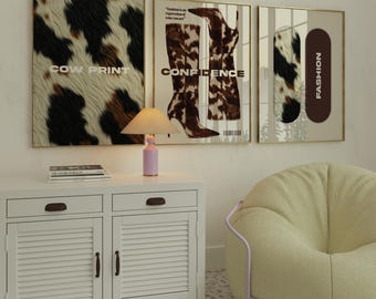 Cow Print Wall Art Set of 3 Trendy Cowhide Decor Modern Western Aesthetic Prints Neutral Fashion Wall Art Digital Download
