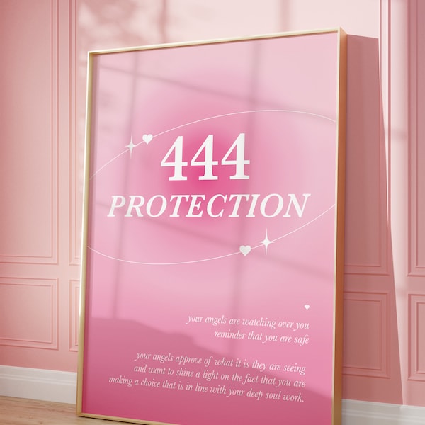 Arte de pared con número de ángel rosa 444, póster de aura rosa de moda 444, impresión rosa con número de ángel 444