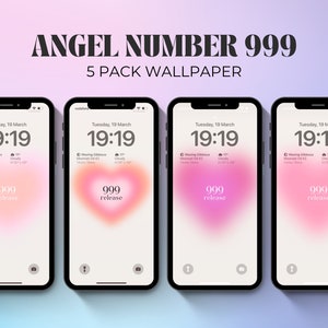 Könnte beinhalten: Fünf Handy-Hintergründe mit der Engelszahl 999 in einem rosa und weißen Herz mit dem Text "999 release" auf jedem Hintergrund.