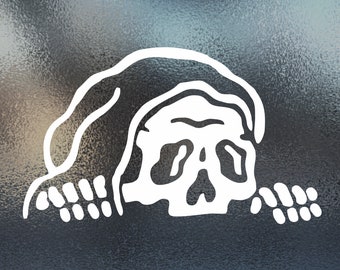 Grim Reaper Lurking - Spooky - Skeleton Peeker - Vinyl Sticker Decal for Car, Truck, Window, Bumper, Decal for Laptop, Home Decoration