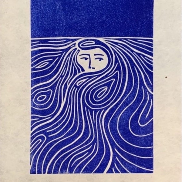 Original "Water Goddess" Cobalt Blue Print - Original Linocut Print - Home Decor - Handmade Block Print - Wall Art Print