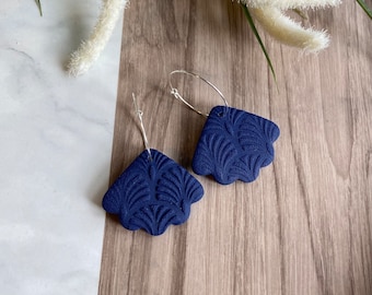 Handmade art deco earrings // polymer clay and sterling silver // navy blue earrings