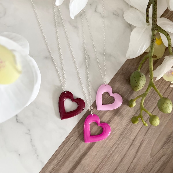 Handmade love heart necklace // polymer clay heart pendant on chain // gloss finish heart shape necklace