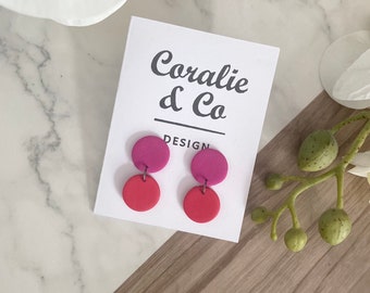 Handmade Pink and Red Polymer Clay Earrings, Sterling Silver