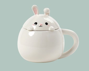 Cute Novelty Rabbit Lidded Mug Ceramic Bunny Mug Animal Mug Rabbit Lover Gift Mug Bunny Present Fun Peeping Bunny Coffee Cup Fun Rabbit Gift