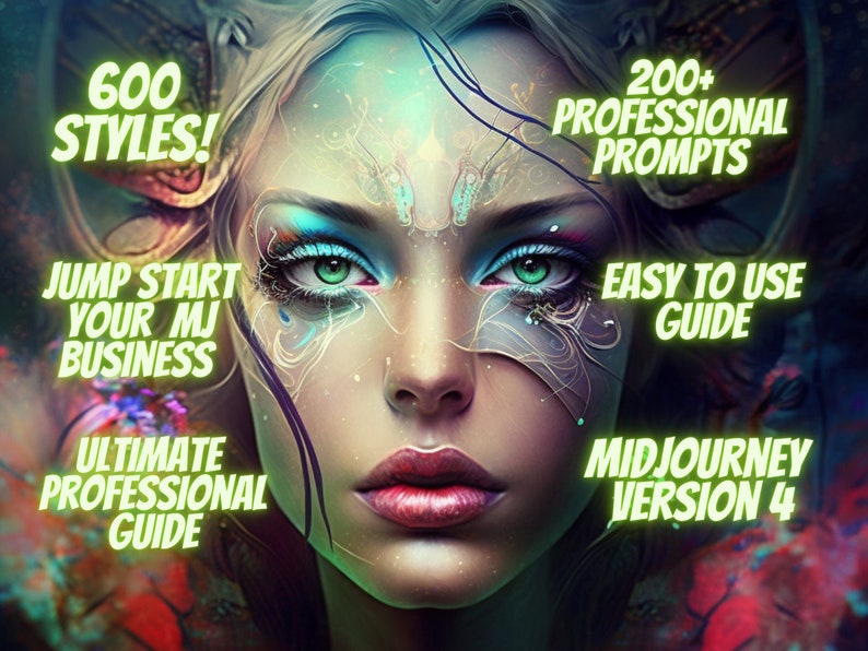 May include: A digital illustration of a woman's face with green eyes and pink lips. The image has text that says "600 STYLES!" "JUMP START YOUR MJ BUSINESS" "ULTIMATE PROFESSIONAL GUIDE" "200+ PROFESSIONAL PROMPTS" "EASY TO USE GUIDE" "MIDJOURNEY VERSION 4"