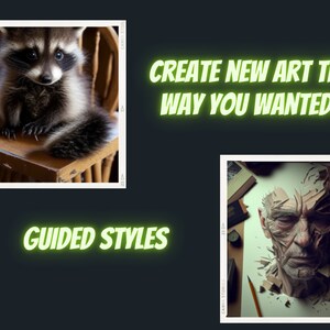 May include: Two images side-by-side. The left image shows a small raccoon sitting on a wooden chair. The right image shows a detailed drawing of a human face made of paper.