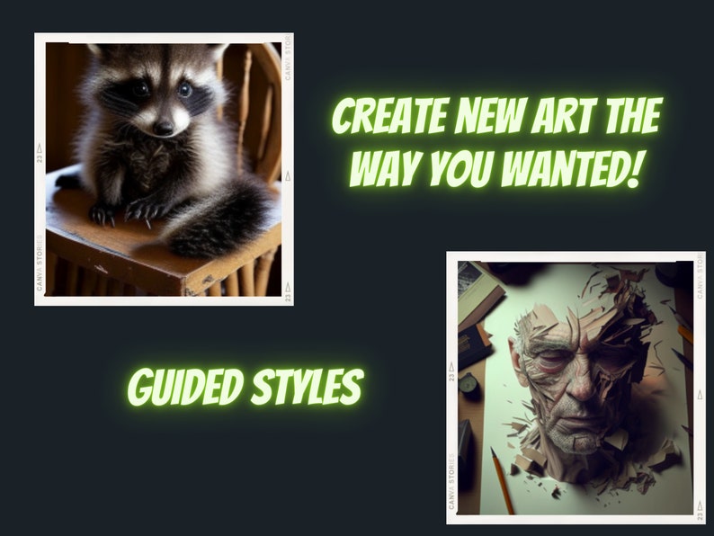 May include: Two images side-by-side. The left image shows a small raccoon sitting on a wooden chair. The right image shows a detailed drawing of a human face made of paper.