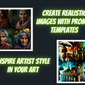 May include: A collage of four images. The top two images show close-up portraits of older women with dark hair and brown eyes. The bottom two images show close-up portraits of older women with grey hair and brown eyes. The text "CREATE REALISTIC IMAGES WITH PROMPT TEMPLATES" is in green neon letters on a black background. The text "INSPIRE ARTIST STYLE IN YOUR ART" is in green neon letters on a black background. The bottom right image shows a collage of four images of a city scene with rain and umbrellas. The text "CANVA STORIES" is in white letters on a black background.