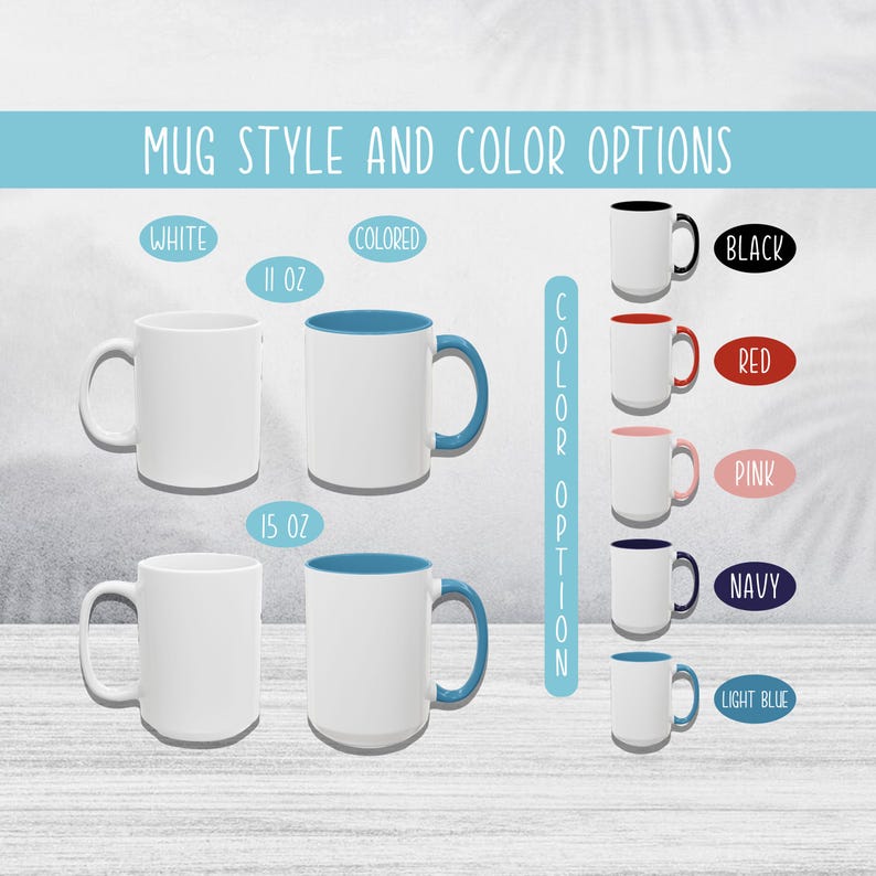 Op de afbeelding: Mokstijl en kleuropties. Witte mokken met een gekleurde rand zijn verkrijgbaar in de maten 11 oz en 15 oz. Kleuropties omvatten zwart, rood, roze, marineblauw en lichtblauw.