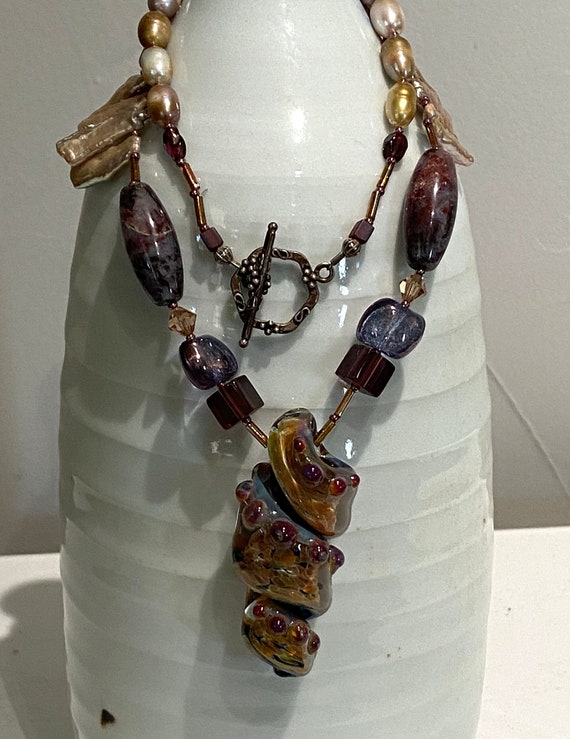 Unique Artisan crafted Glass Spiral Necklace and … - image 1