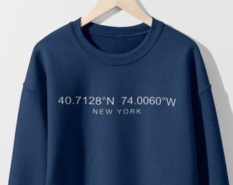 Sudadera de cuello redondo bordada con ubicación personalizada, sudadera bordada con coordenadas, jersey de coordenadas personalizado, cuello redondo GPS personalizado