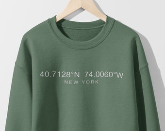 Sudadera de cuello redondo bordada con ubicación personalizada, sudadera bordada con coordenadas, jersey de coordenadas personalizado, cuello redondo GPS personalizado